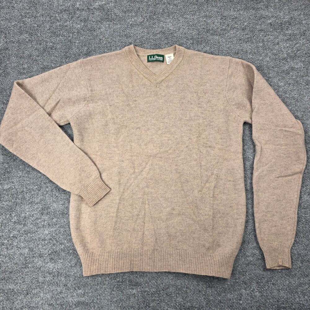 LL Bean Sweater Mens Medium Beige Wool V Neck Knit Pullover Hong Kong Classic